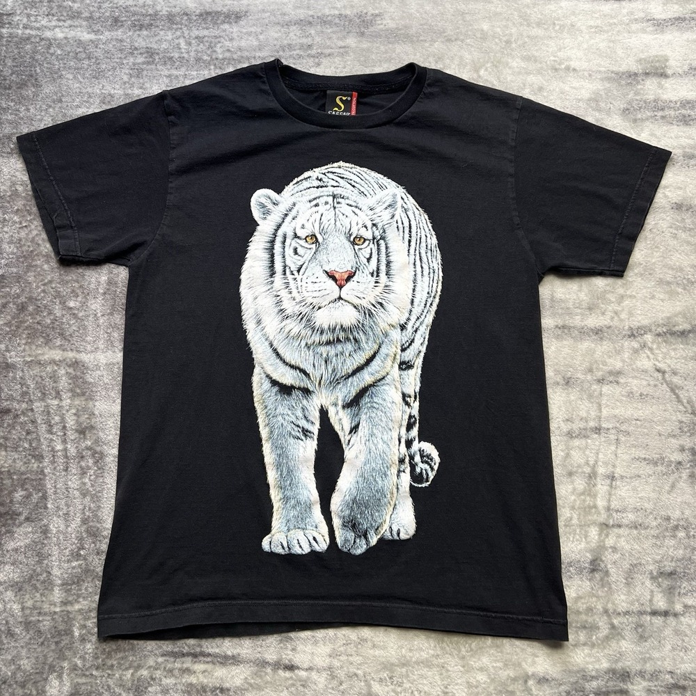 Vintage 90s Safari Saffar White Tiger Wildlife Graphic T-Shirt Size Large
